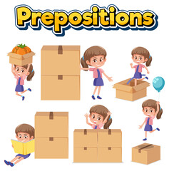 Preposition wordcard with girl and boxes