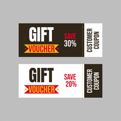 Gift voucher with customer coupon and ribbon and save 20%. Template for card, certificate, invitation, discount, sale, promotion, marketing. White and black isolated background. Flat vector 