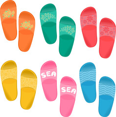 Collection of fashion sandals and flip flops. Bright shoes for walking along the seashore. Vector illustration.