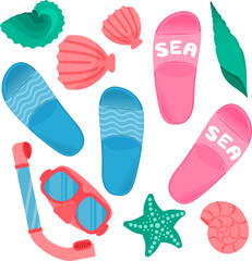 Pair of beach slippers . Beach shoes, snorkeling mask, seashells. A set of marine items. Vector illustration. Vector illustration.