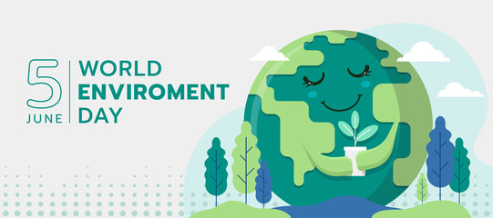 world environment day - Green Happy globle world charecter hold young plant and tree around vector design