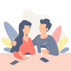 Young man and woman sitting at the table and drinking coffee, Vector flat modern illustration