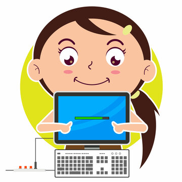 girl using computer cartoon cute