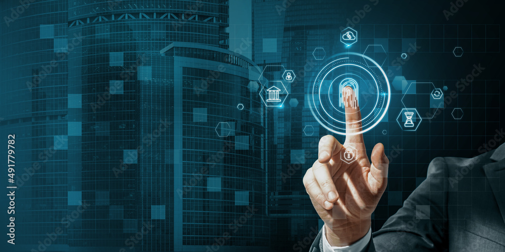 Poster Close up of businessman hand pointing at abstract glowing id fingerprint web protection and security interface on blurry blue bokeh city background with mock up place