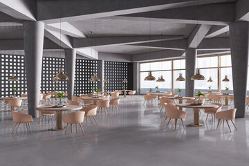 Modern spacious concrete restaurant interior with panoramic city view, tables and chairs. Cafeteria project concept. 3D Rendering.