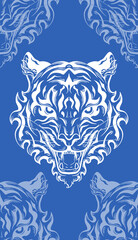 Seamless monochrome pattern with white silhouette of a tiger head on blue background. Vector texture with contour of roar formidable predator. Tracery symbol of the eastern new year.