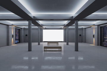 Modern spacious concrete exhibition interior with empty white mock up poster on wall, windows and night city view. Gallery concept. 3D Rendering.