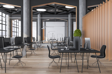 Modern coworking office interior with wooden flooring, window and city view, furniture and equipment. Design and workplace concept. 3D Rendering.