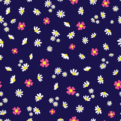 Fototapeta na wymiar Ditsy floral pattern white pink flowers on dark blue