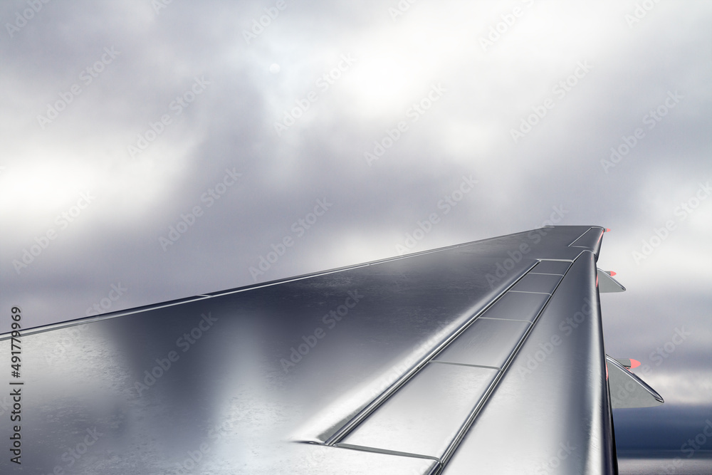 Poster airplane wing view on gloomy sky background with mock up place. trip and flight concept. 3d renderin