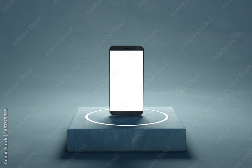 Poster Close up of blank white smartphone on concrete pedestal. Technology and device presentation concept. Mock up, 3D Rendering.