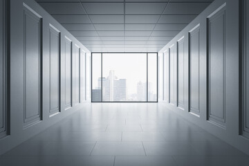 Modern bright corridor with window, bright city view and concrete floor. 3D Rendering.