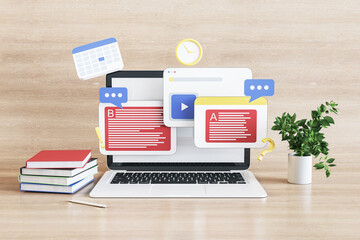 Close up of laptop with online education concept on wooden workplace background. Learn and study concept. 3D Rendering.