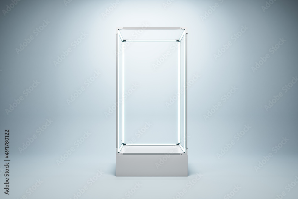 Poster blank illuminated glass showcase with mock up place on white wall background. 3d rendering.