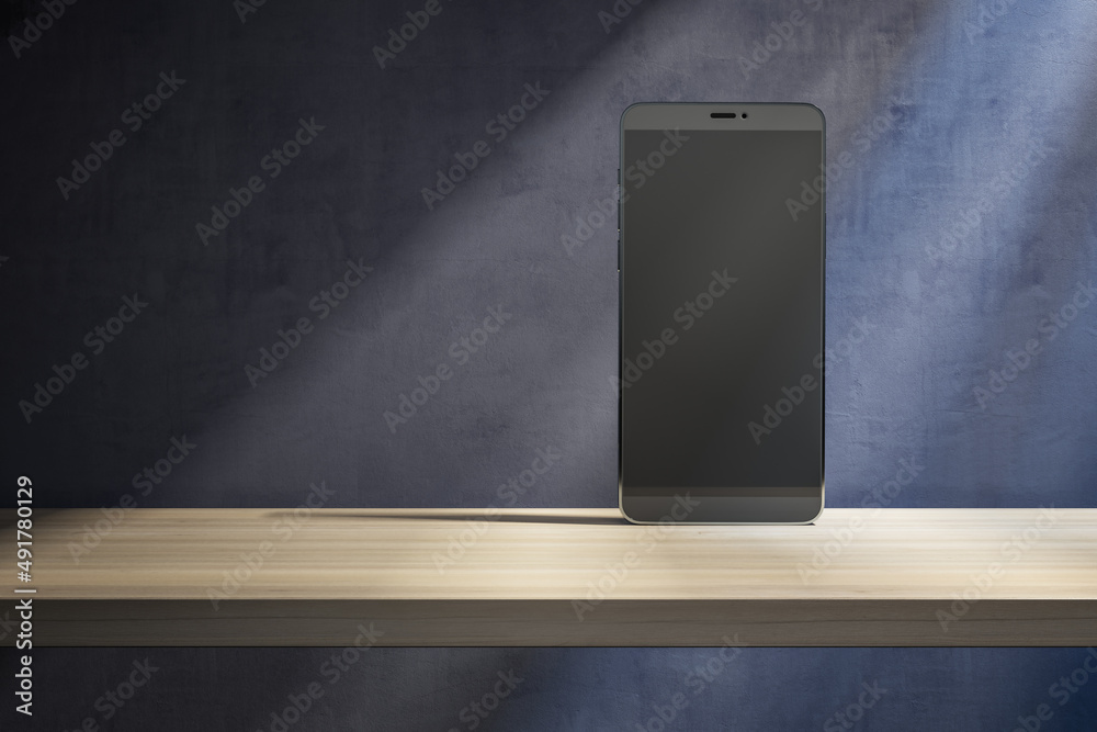 Aufkleber close up of blank smartphone on wooden desktop and concrete wall background with shadows and mock up