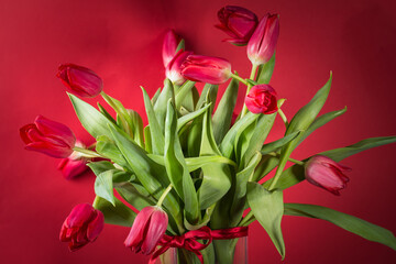 Bunch of spring tulips over dark red background. selective focus, greeting card, copy space, side view