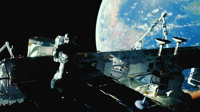 Astronaut working on space station above the Earth. Astronaut Spacewalk, waving his hand in the open space.