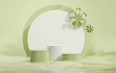 3D podium display, green and white background with palm leaf shadow. Falling green leaves on white background. Minimal pedestal for beauty, cosmetic product. Feminine copy space template 3d render