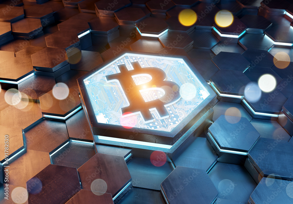 Aufkleber Bitcoin icon creativity concept engraved on metal hexagonal pedestral background. Crypto currency symbol glowing on abstract digital surface. 3d rendering