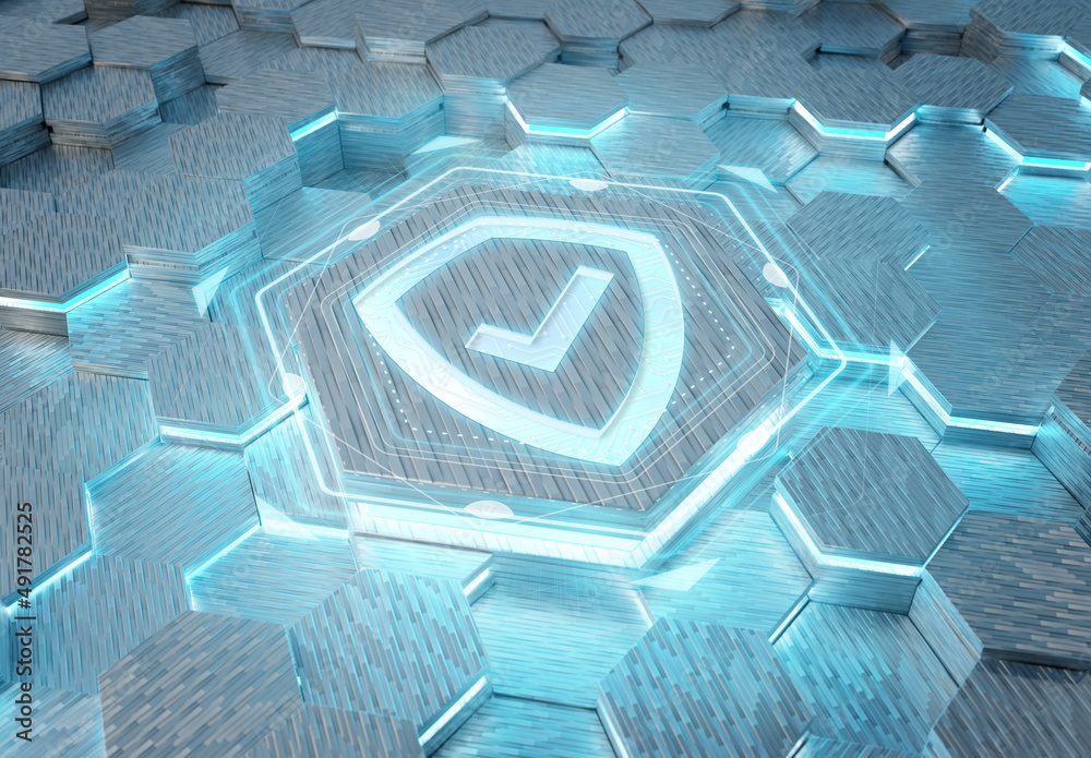 Leinwandbilder shield icon concept engraved on hexagonal pedestral background. security logo glowing on abstract di