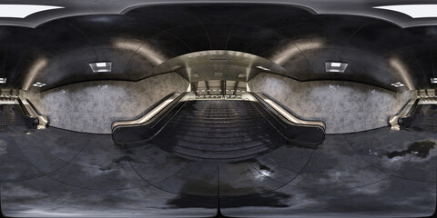 Hdri of realistic underground subway station background with wet reflecting floors. Futuristic metro interior with glowing lights and escalators. 3D Rendering