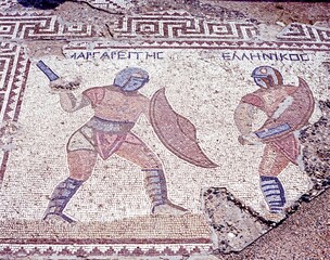 Mosaic of Gladiators in the house of the Gladiators, Kourion, Cyprus.