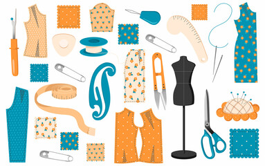 set of illustrations on the theme of cutting and sewing. Illustrations of tools and patterns for tailors isolated on white background