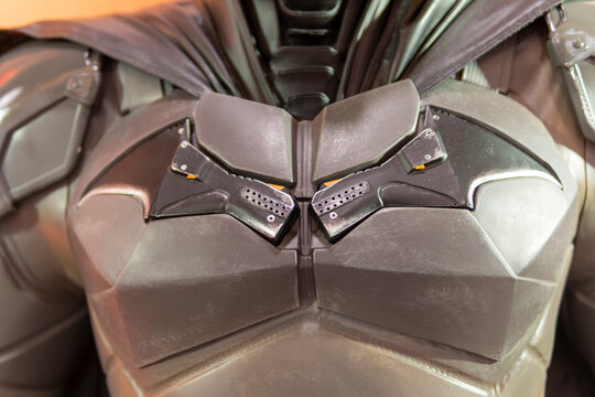 Close-up of chest plate from The Batman. This is a road show promotion for the latest DC movie