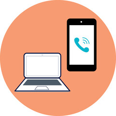 Smartphone and laptop icon on orange color circle background 