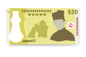 Brunei Dollar Vector Illustration. Brunei money set bundle banknotes. Paper money 50 BND. Flat style. Isolated on white background. Simple minimal design.