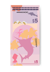 Bermudian Dollar Vector Illustration. Bermuda money set bundle banknotes. Paper money 5 BMD. Flat style. Isolated on white background. Simple minimal design.