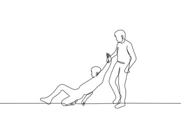 man drags on ground by the hand of another man - one line drawing vector. concept of the use of violence, hostage, the use of physical force