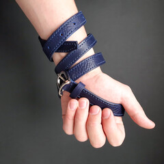 close-up of a man's hand wrapped with a blue female belt. Genuine leather belt, handmade.