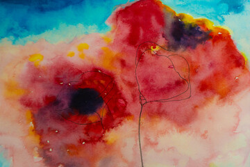 ケシの花　ケシ　ポピー　リメンバランスデー　ウオーターカラー　グラフィック　抽象的な　宇宙観　手書き　絵の具　水彩 カラフル　背景　バックグランド