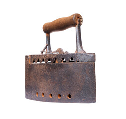 The old rusty coal iron close up isolated on a white background