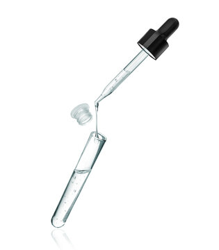 A drop dripping from a pipette into a test tube, isolated on a white background