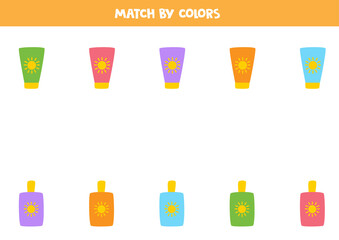 Color matching game for preschool kids. Match sun creams by colors.