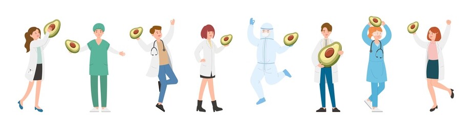 Nursing staff male or female doctor or scientist combination, medical specialist with avocado, doctor team concept