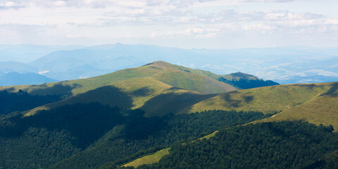 Fototapeta premium beautiful nature scenery in mountains. landscape of borzhava ridge on a sunny day. forested hills. and grassy meadows in dappled light. clouds on the sky above the horizon