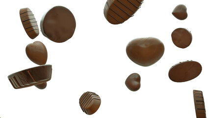 Delicious chocolate are falling into transparent space on white background. 3D illustration