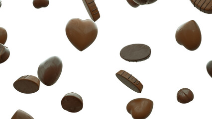 Delicious chocolate are falling into transparent space on isolated white background. 3D illustration