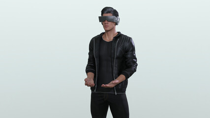 3D Render: Male character wearing Virtual Reality Headset to have an exciting experience for cyberspace technology
