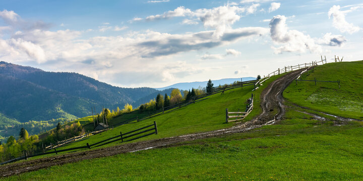 mountainous rural landscape in springtime. wooden fence along the path through rolling hills. wonderful sunny weather in the afternoon. ukrainian carpathians