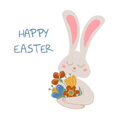 Happy Easter colored greeting card with rabbit holding bouquet of flowers. Vector postcard with cute smiling rabbit.