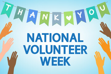 National Volunteer Week greeting concept. Colorful garland and hands, text "thank you", vector.	