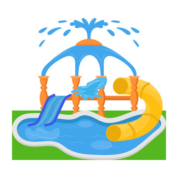 Lazy River Pool With Tube Concept, Fountain Splash With Pipe Vector Color Icon Design, Water World Symbol, Recreation Play Ground Sign, Amusement Or Theme Park Stock Illustration