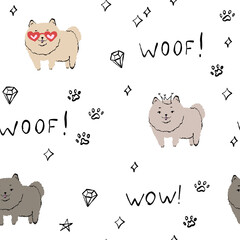 Cute dog pattern with stars, spitz, paws, woof. White paper for scrapbooking, doodle pet.