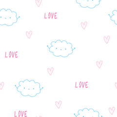 Little cute in love pastel colors clouds with hearts. Happy Valentine's Day. Pattern and scrapbooking paper.