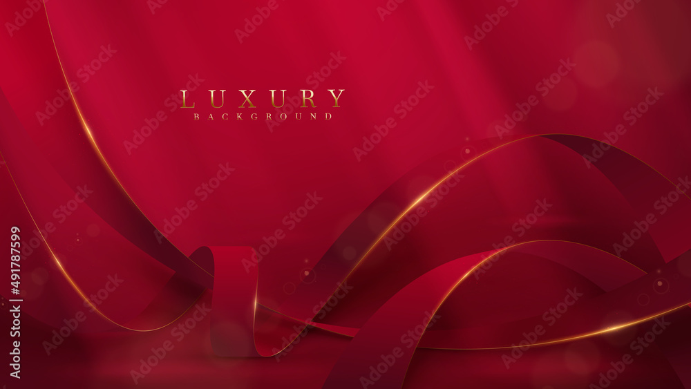 Wall mural red ribbon with gold border and glitter light effect decoration with bokeh. luxury style background.