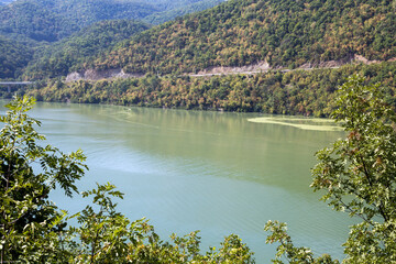 Fototapeta premium Danube riverbed in Djerdap Gorge, Djerdap National park, Serbia. View at the calm river water and with river grass on the surface of the water. Natural environment.